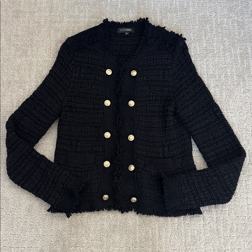 Intermix Lila silk blend Cropped Jacket Sweater Blazer Black Tweed Gold Buttons - Picture 2 of 8